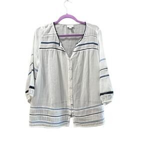 J. Jill Women's White Gauze Blue Pom Pom Tassel Button Semi-Sheer Blouse Size M